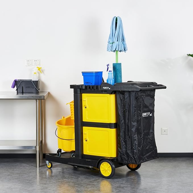 Restaurantware-Clean Tek Professional 3-Shelf Janitor Cart with Wheels, 1 Cleaning Trolley with Cover and 21 Gallon Bag - Includes 1 Double Locking Cabinet, Heavy-Duty, Gray Plastic Janitorial Cart
