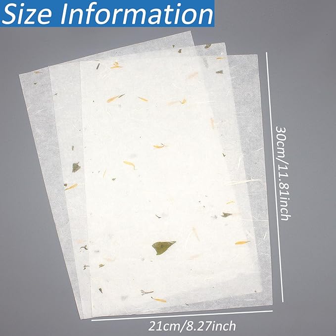 Benvo 50 Sheets A4 Natural Mulberry Paper Visible Leaves Fiber Rice Paper Printable Decoupage Tissue Paper Sheets for Writing, Painting, Card Making, DIY Crafts(8.3x11.7in, Semi Transparent Off White)