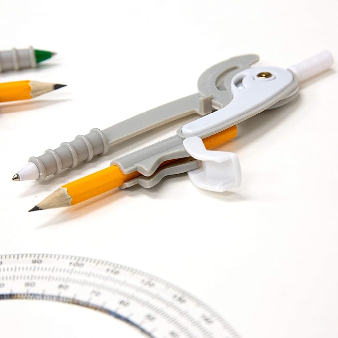 BAZIC Geometry Math Compass Set w/Scale-Arm, 6" Protractor, & HB Wood Pencil, Inch Centimeter, Mathematical Drafting Drawing Tool for Student, 1 UNIT, RANDOM COLOR