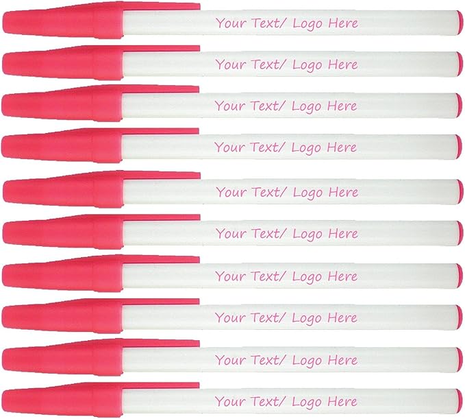 Personalized Stick Pens With your Custom Logo or Text-500 Pack Bulk-for Businesses, Parties, and Events, Custom Printed Slim Ballpoint Pens with Cap, Pink, Black Ink