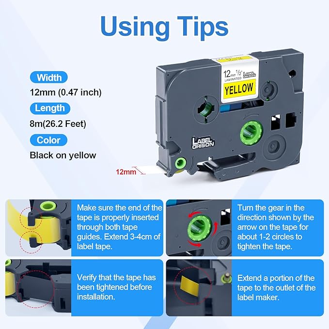 Label Orison 3PK TZe-631 Label Tapes Compatible with Brother P-Touch Laminated TZ631 TZo631 use for PT-H110 PT-D210 PT-D400 PT-D600 Black on Yellow 0.47 Inch x 26.2 ft (12mm x 8m)