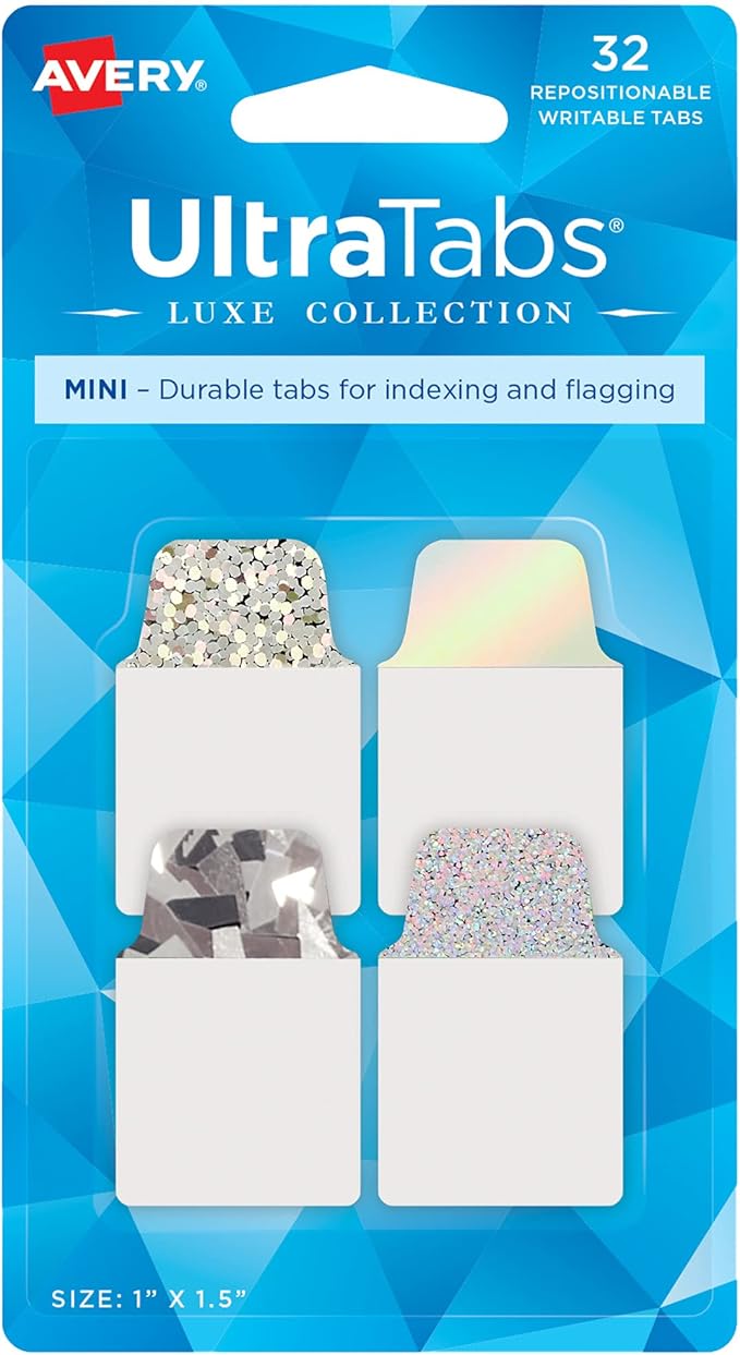 Avery Ultra Tabs Luxe Collection, 1" x 1.5" Mini Tabs, Holographic Iridescent Designs, 32 Repositionable Page Tabs (74178)