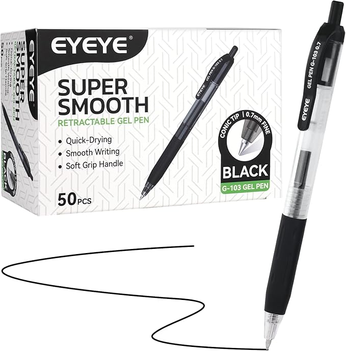 EYEYE G-103 Retractable Gel Pens Black 0.7mm, 50 Pack Medium Point Gel Ink Pens Quick Drying, 0.7 mm Fine Piont Ballpoint Pen Smooth Writing for Office School Supplies