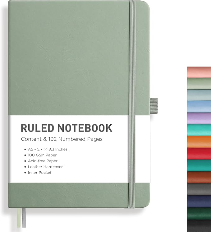RETTACY Lined Journal Notebook, 192 Numbered Pages, A5 Medium Size (5.7'' x 8.3''), for Men & Women, Journaling, Writing, Work & Office, Leather Hardcover, 100 GSM Thick Paper (Sage Green)