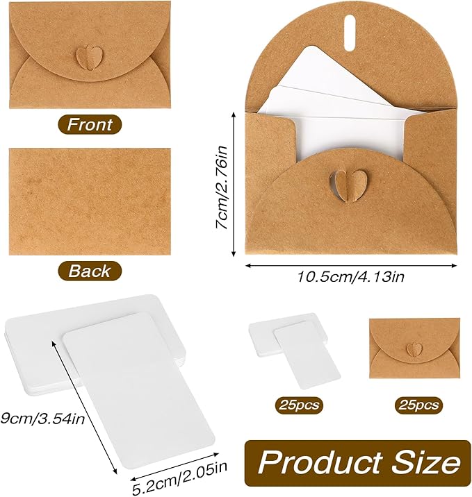 25PCS Mini Envelopes with 25 Blank Cards 4.1 x 2.8 inch Gift Card Holders Cute Tiny Envelopes with Heart Clasp for Gift Cards, Wedding Party Favors, Greeting Cards Mailing, Business Cards