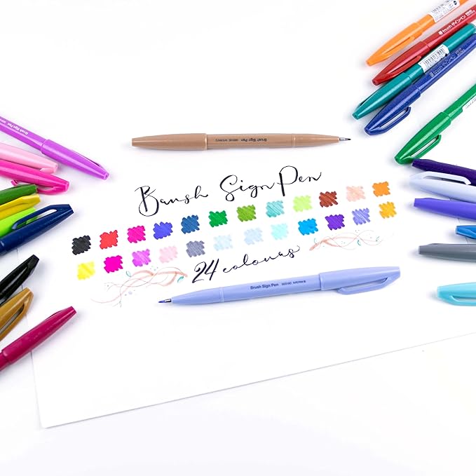 Pentel SES15CPC12 Sign Pen Brush Flexible Point Marker, Assorted, 12/Pack