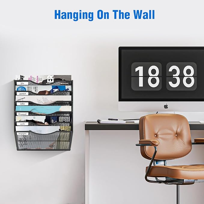 Wall File Organizer, 6 Tier Hanging File Folder Mail Organizer, Vertical Mesh Metal Wall Mount Hanging File Holder, Paper Document Magazine Rack for Home Office Black