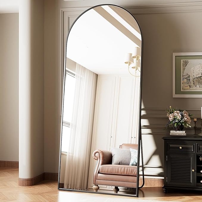 Oversized Full Body Mirror 35x78 inch Arched Full Length Mirror with Stand Aluminum Wall Mounted Hanging or Leaning Standing Mirrors,Black
