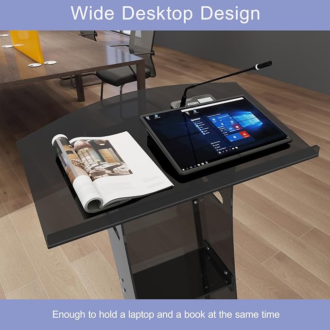 Acrylic Podium Stand with Storage Shelf,Segmented Black Lecterns & Podiums,Pulpits for Churches、Conference、Speeches、Weddings、Classroom、Concert,43" H Professional Presentation Podiums