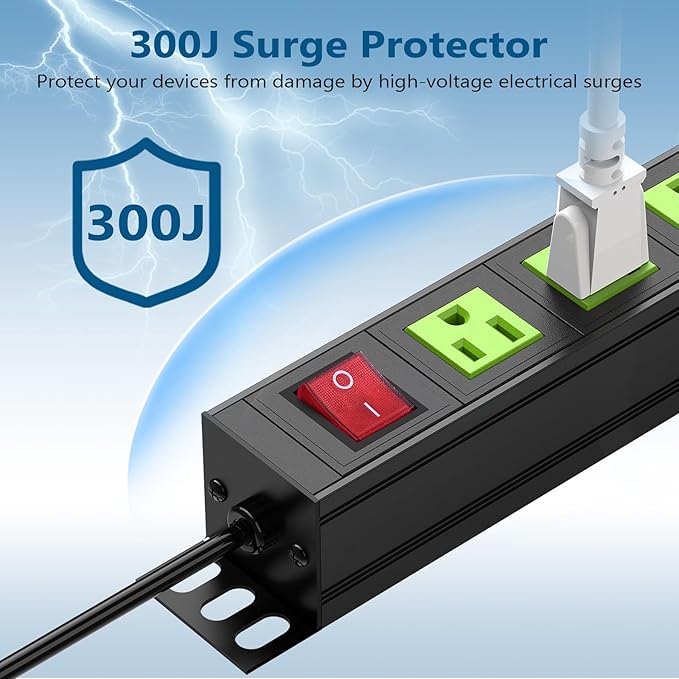 Metal 8 Outlet Mountable Power Strip, Wall Mount Outlet Heavy Duty, Commercial Shop Power Strip with Switch, 15A 125V 1875W, 300J (Green 6FT)