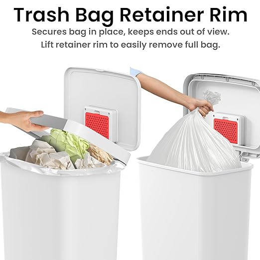 iTouchless SoftStep 13.2 Gal / 50L Step Pedal Kitchen Trash Can with Odor Filter, Durable Dent-Proof Construction and Stainless Steel Trim, Garbage Bin with Lid for Home Office, Bedroom, White Plastic