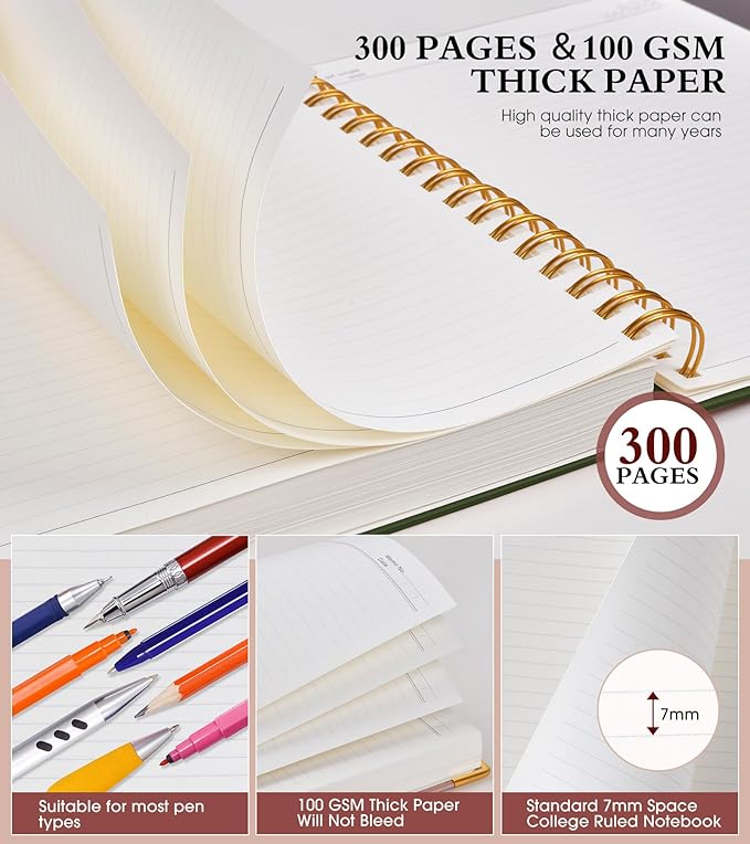 Spiral Notebook Journal 8.5” x 11”, 300 Pages Hardcover Leather Lined Journals for Women Men, A4 Large College Ruled Notebooks with 100 GSM Thick Paper, Spiral Journal for Writing Work, Olive Green