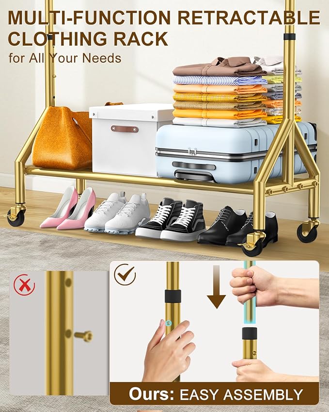 Upgraded 100% Stainless Steel Clothing Rack Load 760LBS, Heavy Duty Clothes Racks with Larger & Sturdy Wheel, Extendable & Adjustable Rolling Garment with Shelves (1 Single Rod, Gold)