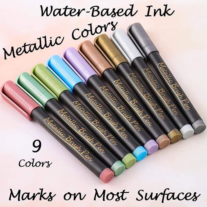 Dyvicl Metallic Brush Marker Pens - Metallic Pens Art Markers for Calligraphy, Brush Lettering, Black Paper, Rock Painting, Card Making, Scrapbooking, Fabric, Metal, Ceramic, Wine Glass, Set of 9
