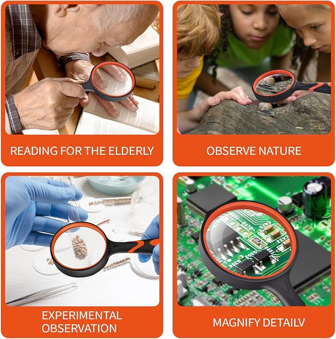 3 Pack Magnifying Glass for Kids, 10X 65mm Magnifying Glass with Non-Slip Rubber Handle, Suitable for Reading Newspapers,Insects,Suitable for Seniors and Kids