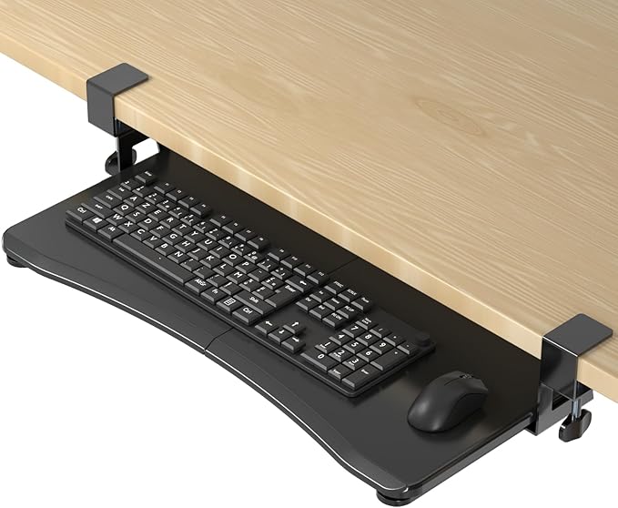 suptek Keyboard Tray Under Desk Pull Out with C Clamp Mount, Computer Keyboard & Mouse Tray, 25.6 (30 Including Clamps) x 11.8 inch Slide-Out Platform Computer Drawer for Typing, Black, DSF1