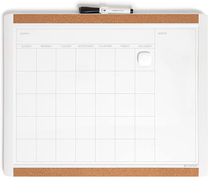 U Brands Magnetic Dry Erase Calendar Board, 20"x16", White Pin-It Frame, includes Marker and Magnet