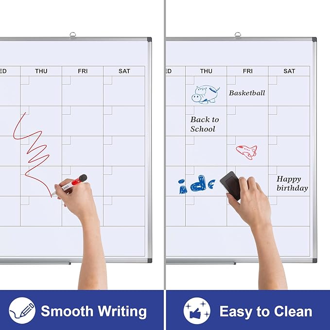 Comix Magnetic Dry Erase Calendar Whiteboard, 48 x 36 Inches Monthly Calendar Dry Erase Board for Wall, Aluminum Frame Planner White Board