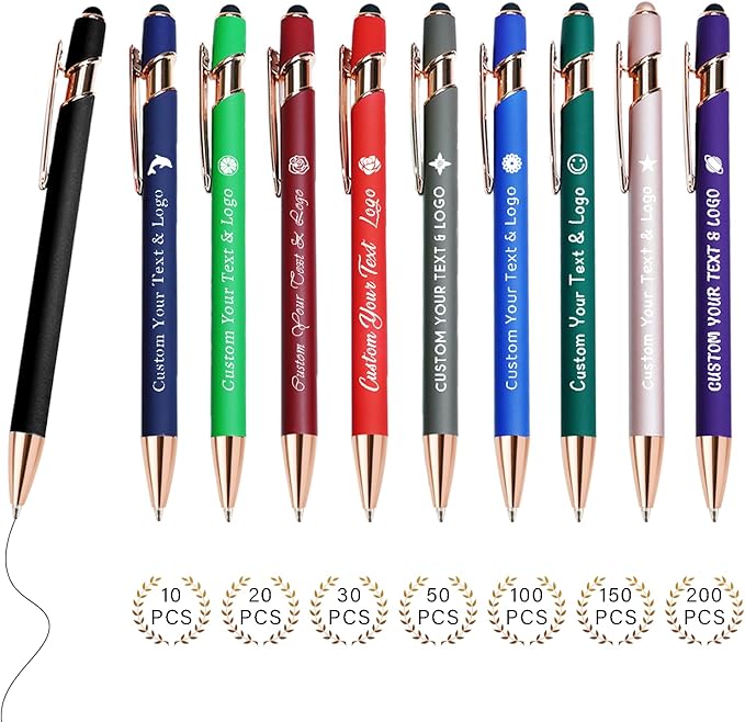 Custom Pens in Bulk with Multiple Colors Options,Engraved Double-Sided Personalized Pens with Design Text, Logo&Touch Stylus,Fine Point Smooth Writing, Ideal for Corporate, Students & Gifts