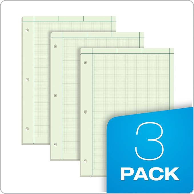 TOPS Engineering Notebooks, Graph Notebooks, 3 Pk Quad Ruled Pad, 8-1/2" x 11", Glue, 5 x 5 Graph Rule on Back, Green Tint Paper, 3-Hole Punched, 100 Sheets per Pad (35507A)