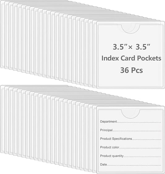 36 Pack Adhesive 3.5" x 3.5" Index Card Pockets with Top Open for Loading, Clear Plastic Labels Holders for Storage Bins Library Card Totes Shelves