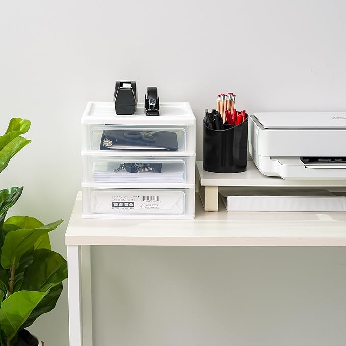 IRIS USA Medium 3-Drawer Desktop Organizer with Open Tray Top, 2 Pack, Plastic Drawer Storage Container for Stationery Art Craft Supplies, White
