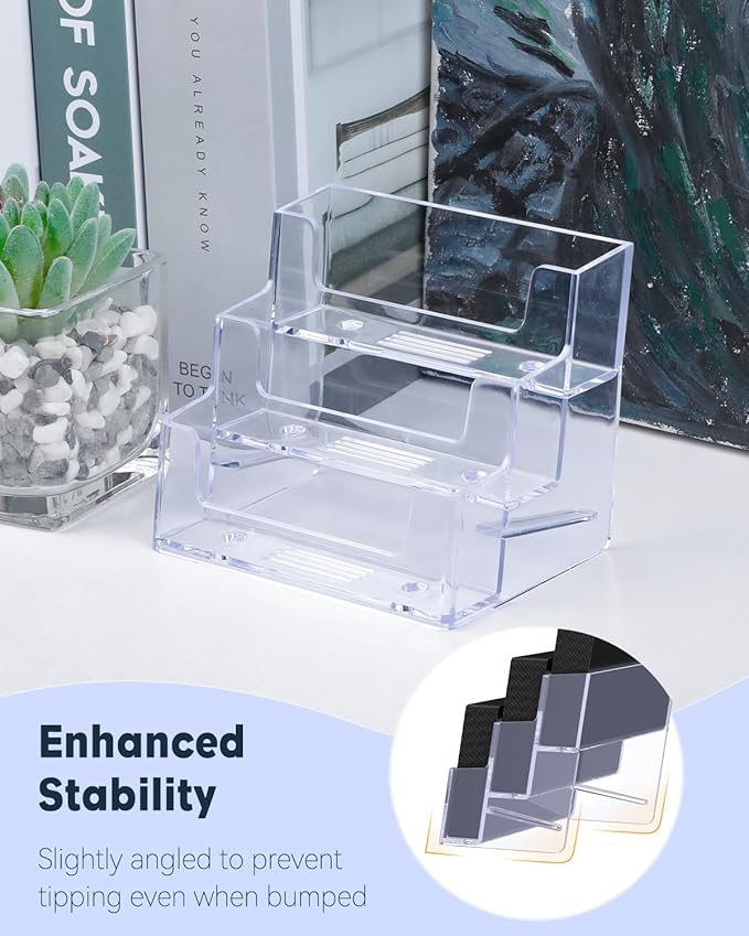 Uniclife 2 Pack Acrylic Business Card Holder for Desk 3 Slots Clear Business Card Display Stand for Men & Women Desktop Business Card Organizer Card Stand for Office Home Exhibition, 180 Card Capacity