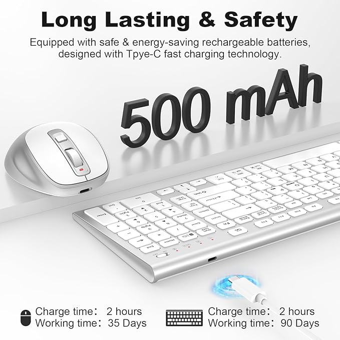 FENIFOX Wireless Keyboard and Mouse, Ergonomic Rechargeable Silent Quiet Slim Compact Full-Size USB C with Number Pad Flat Soft Cover for PC Computer Laptop Mac MacBook iMac TV Windows - Silver White