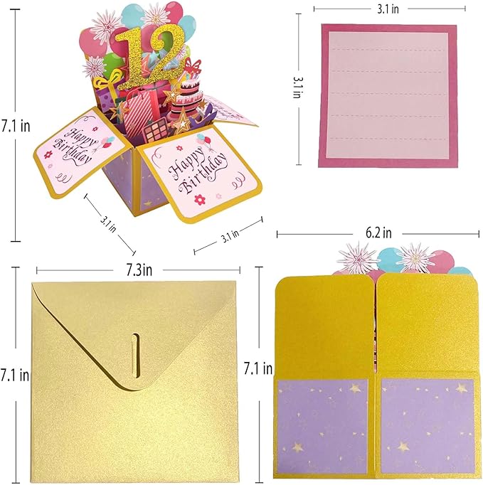 Asmallgf Sweet 12th Birthday Pop Up Birthday Card for Girl Boy, Great 12 Years Old Birthday Gift for Daughter Niece, Happy Twelve Bday Popup Card for Sister Brother, Unique 12 Birthday Gift Idea for