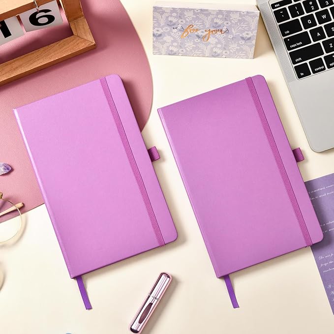 Dotted Journal/Notebook - Dot Grid Hard Cover Notebook, Premium Thick Paper with Fine Inner Pocket, Black Smooth Faux Leather, Pen Loop, 5.3'' x 8.26'' - Macaron Purple
