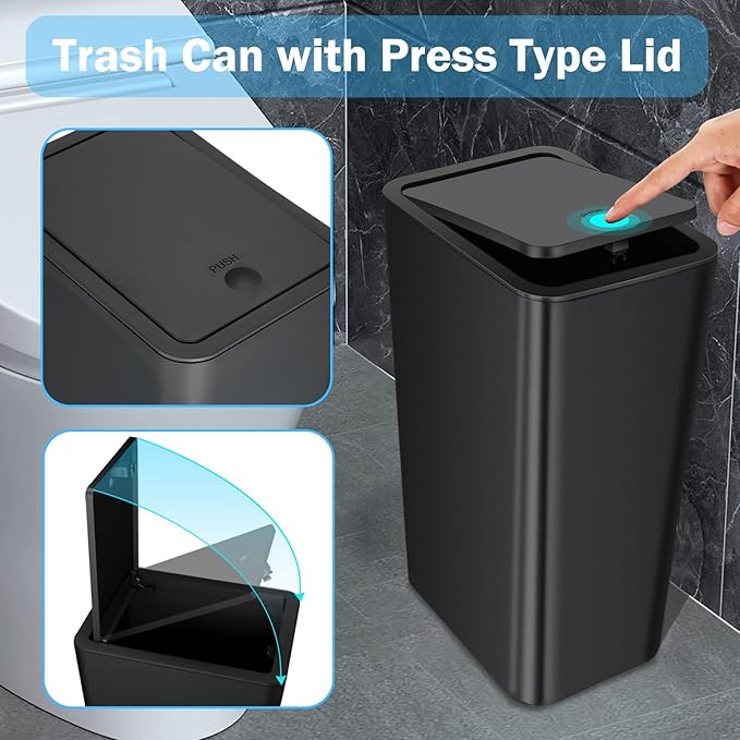 SHPMXUPW 3 Pack Bathroom Small Trash Can with Lid,10L / 2.6 Gallon Slim Garbage Bin Wastebasket with Pop-Up Lid for Bedroom, Office, Kitchen, Craft Room, Fits Under Desk/Cabinet/Sink
