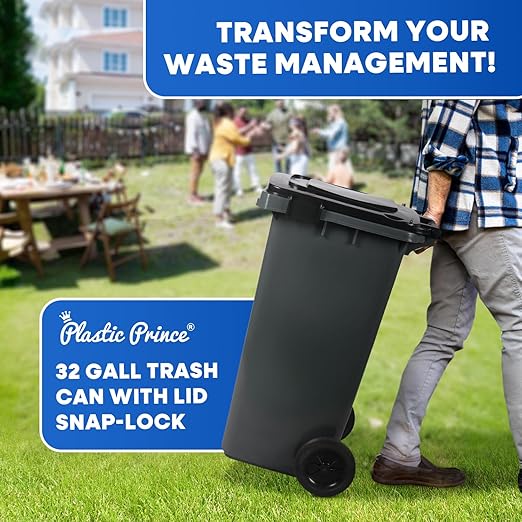 32 Gallon Trash Can with Wheels Outdoor Garbage Can with Lid and Wheels Locking Trash Can Commercial Heavy-Duty Trash Bin Rolling, Plastic Gray