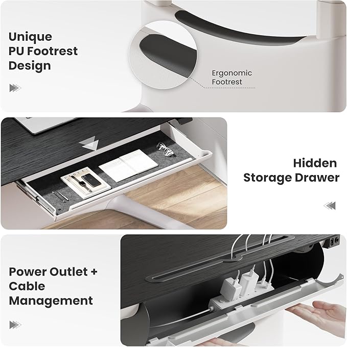 COLAMY Electric Adjustable Standing Desk – 48 x 28 Inch Sit Stand Desk with Drawer & Cable Management, Dual Motor Lift System, Ergonomic Footrest, Home Office Table (Veneer Desktop, Black Oak + White)