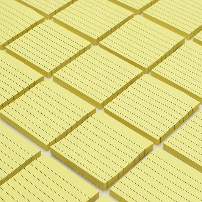 Lined Sticky Notes, 3x3 Inch, 600 Sheets Self-Stick Notes, Easy to Post for School, Office, Notebook, Pastel Yellow Color, 100 Sheets/Pad