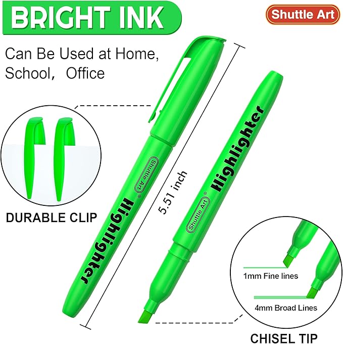 Shuttle Art Highlighters, 30 Pack Green Highlighters Bright Colors, Chisel Tip Dry-Quickly Non-Toxic Highlighter Markers for Adults Kids Highlighting in Home School Office