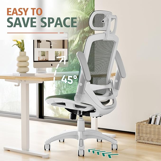 GABRYLLY Ergonomic Office Chair, High Back Home Desk Chair with Headrest, Flip-Up Arms, 90-120° Tilt Lock and Wide Cushion, 400LBS Mesh Chairs for Man Woman, White Task Chair(Olive Green,GY01WOG)
