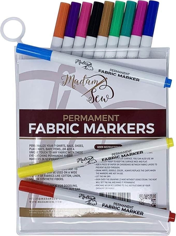 Madam Sew Fabric Markers – Set of 12 Permanent Fabric Marker Set for Clothes, Crafts, Shoes & Canvas – No Bleed, Fine Tip, Non Toxic Pens for DIY & Laundry Marking