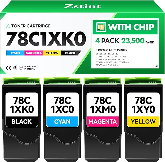 78C1XK0 78C1XC0 78C1XM0 78C1XY0 Toner Cartridge Set 4-Pack Printer High Yield Replacement Compatible with Lexmark CS421dn CS521dn CS622de CX421adn CX522ade CX622ade CX625ade CX625adhe Laser Ink Black