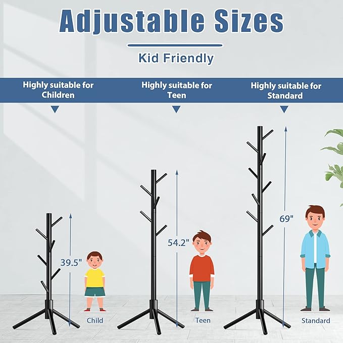 Haddockway Wooden Coat Rack Stand with 8 Hooks New Zealand Pine 3 Adjustable Coat Standing Tree Easy Assembly for Coats, Hats, Scarves and Handbags for Entryway, Hallway, Bedroom, Office