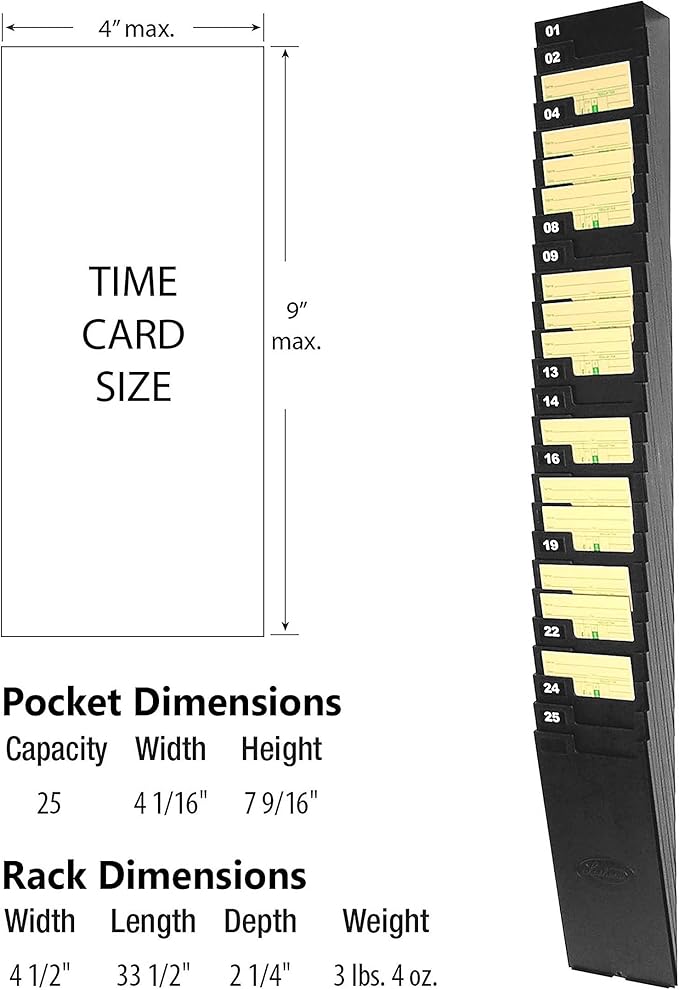 Lathem Expanding Time Card Rack for 9" Cards, 25 Pockets, Black Plastic, Mounting Hardware (25-9EX)