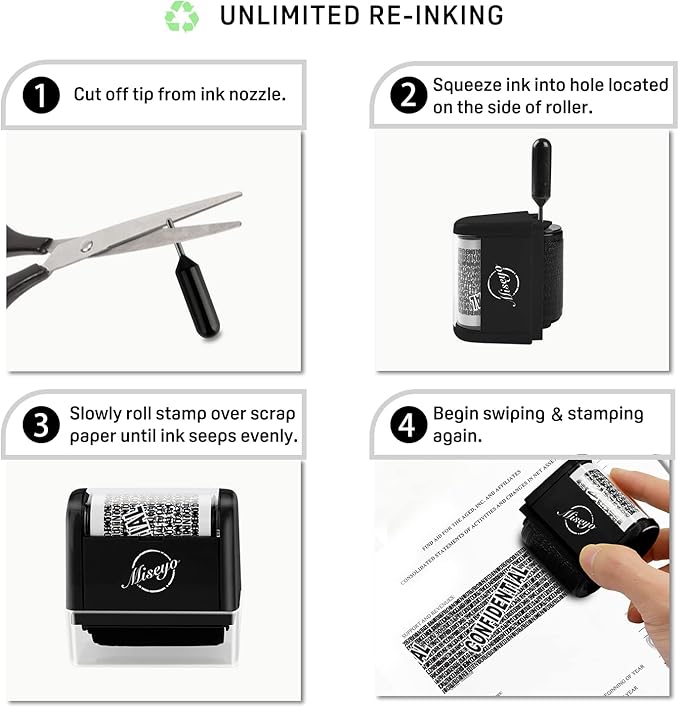 Miseyo Identity Theft Protection Roller Stamp Set - Black (6 Refill Ink Incleded)