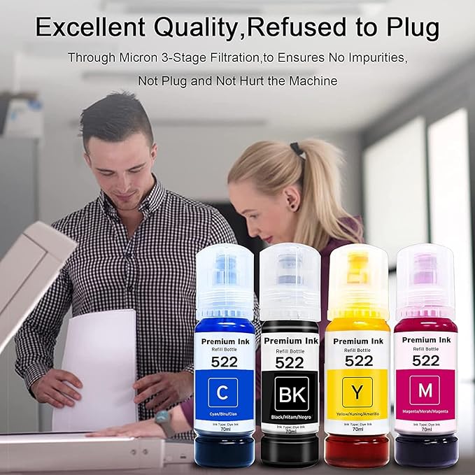 Printers Jack Compatiable T522 Refill Ink Bottle Kit for Supertank ET-2800 ET-4700 ET-4800 ET-2710 ET-2720, ET-2803 Printer, 4 Packs