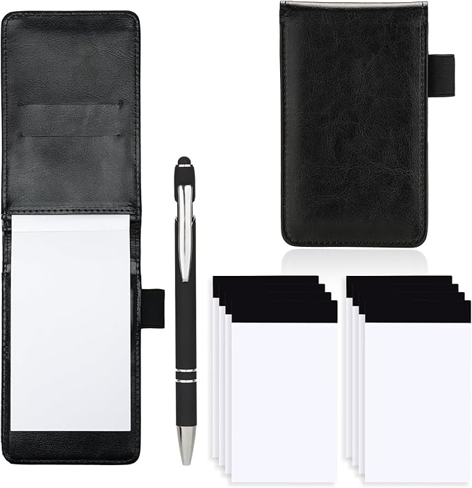 Camelmother 10 Pieces Small Notepad Holder Set Pocket Notebook 3 x 5 Inch with Pen Small notebooks note pads Leather Notepad (black plain)
