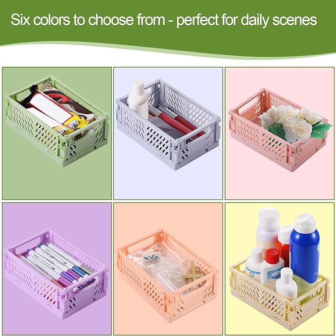 6-Pack Small Pastel Plastic Storage Baskets, Collapsible Crates for Organizing, Space-Saving Mini Bins for Classroom, Kitchen, Office, Bedroom (5.8" x 3.8" x 2.2")