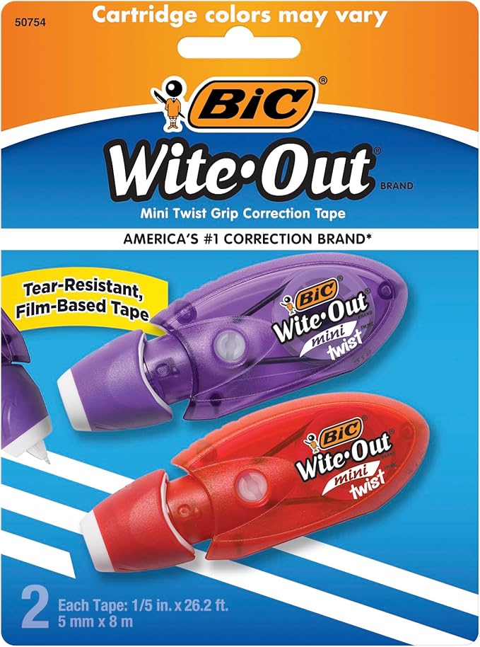BIC Wite-Out Brand Mini Twist Correction Tape, 26.2 Feet, 2-Count Pack of white Correction Tape, Fast, Clean and Easy to Use Tear-Resistant Tape Office or School Supplies
