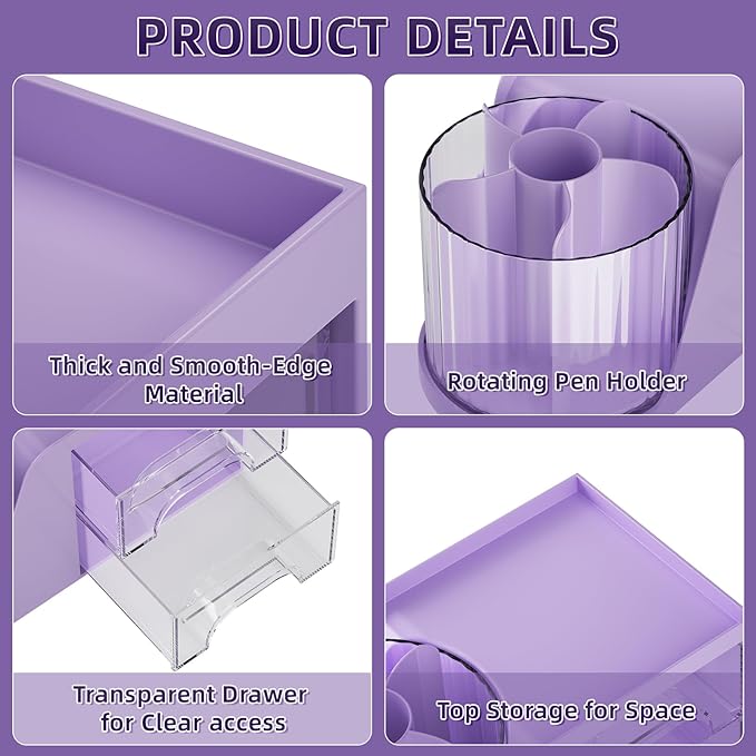 Marbrasse Desk Organizer with 2 Drawer, 360 Rotating Pen Holder, 6 Slots Pencil Organizer + 2 Drawer, Art Supply Storage Box Caddy for Office (Purple)