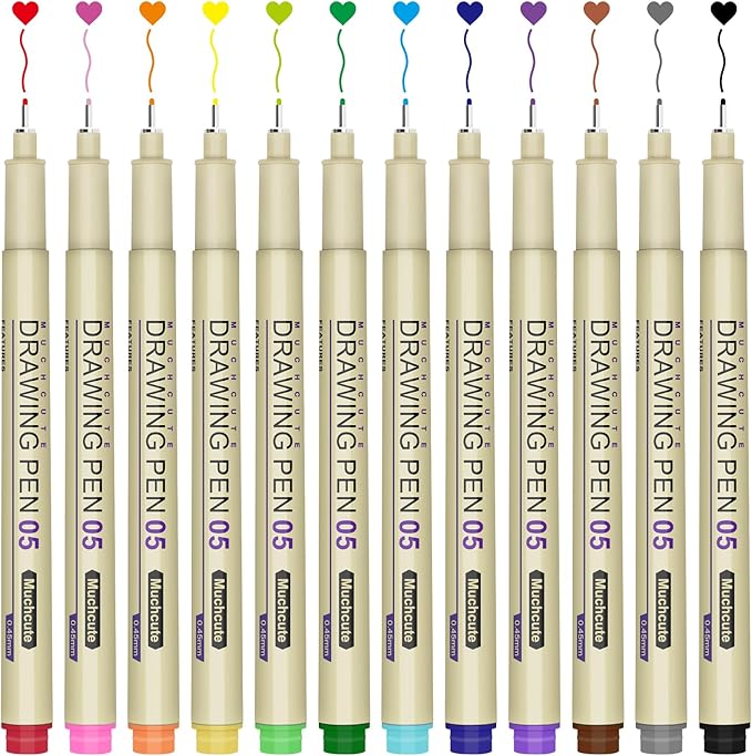 Muchcute 05 Micro Fineliner Drawing Art Pens: 12 Colors 0.45mm Extra Fine Point Bible No Bleed Smooth Journal Zentangle Study Supplies Colored Waterproof Line Ultra Needle Tip Fine liner Thin Gel Felt