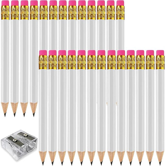 Adhere 50pcs Golf Pencils with Eraser Round Wooden half Pencils Graphite 2B for Golf Event Scoring, Classroom, Wedding, Pew, Pocket | Free Pencil Sharpener (White)