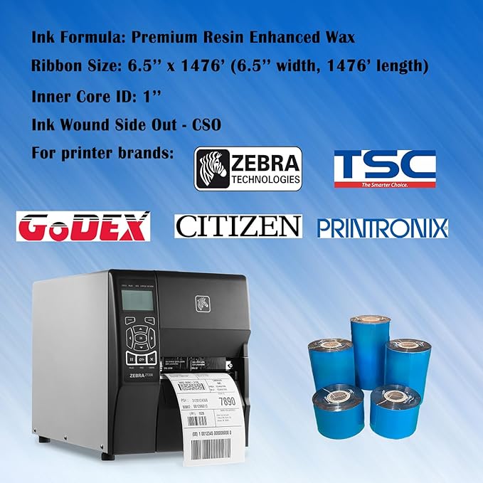 4 Rolls 6.5'' x 1476' Premium Resin Enhanced Wax Ribbon, 165mm x 450m Black Thermal Transfer Ribbon, Barcode Thermal Label Printer Ribbon, CSO-Ink Outside, 1'' Core for Zebra, TSC, GoDex, Citizen..
