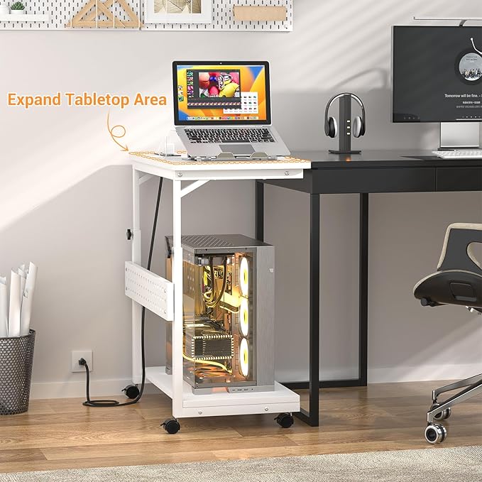 Computer Tower Stand with Power Strips, Height Adjustable PC Tower Stand/Cart with Wheels, Mobile Rolling CPU Holder, Computer Cart Side Stand for Computer Desk, 24", Carbon Fiber White